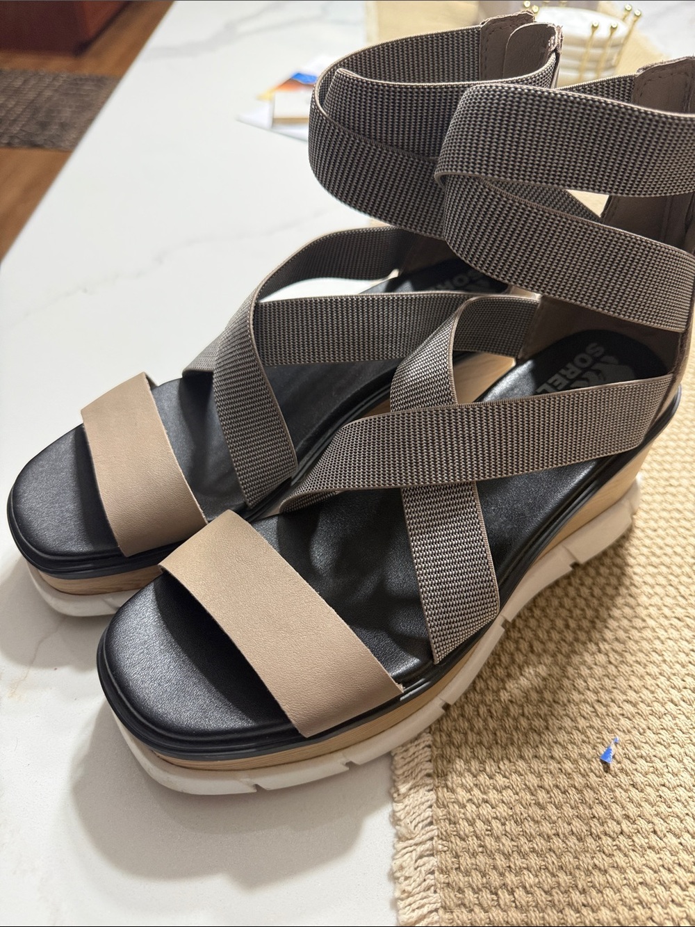Sorel Women's Beige and Gray Strappy Platform Sandals